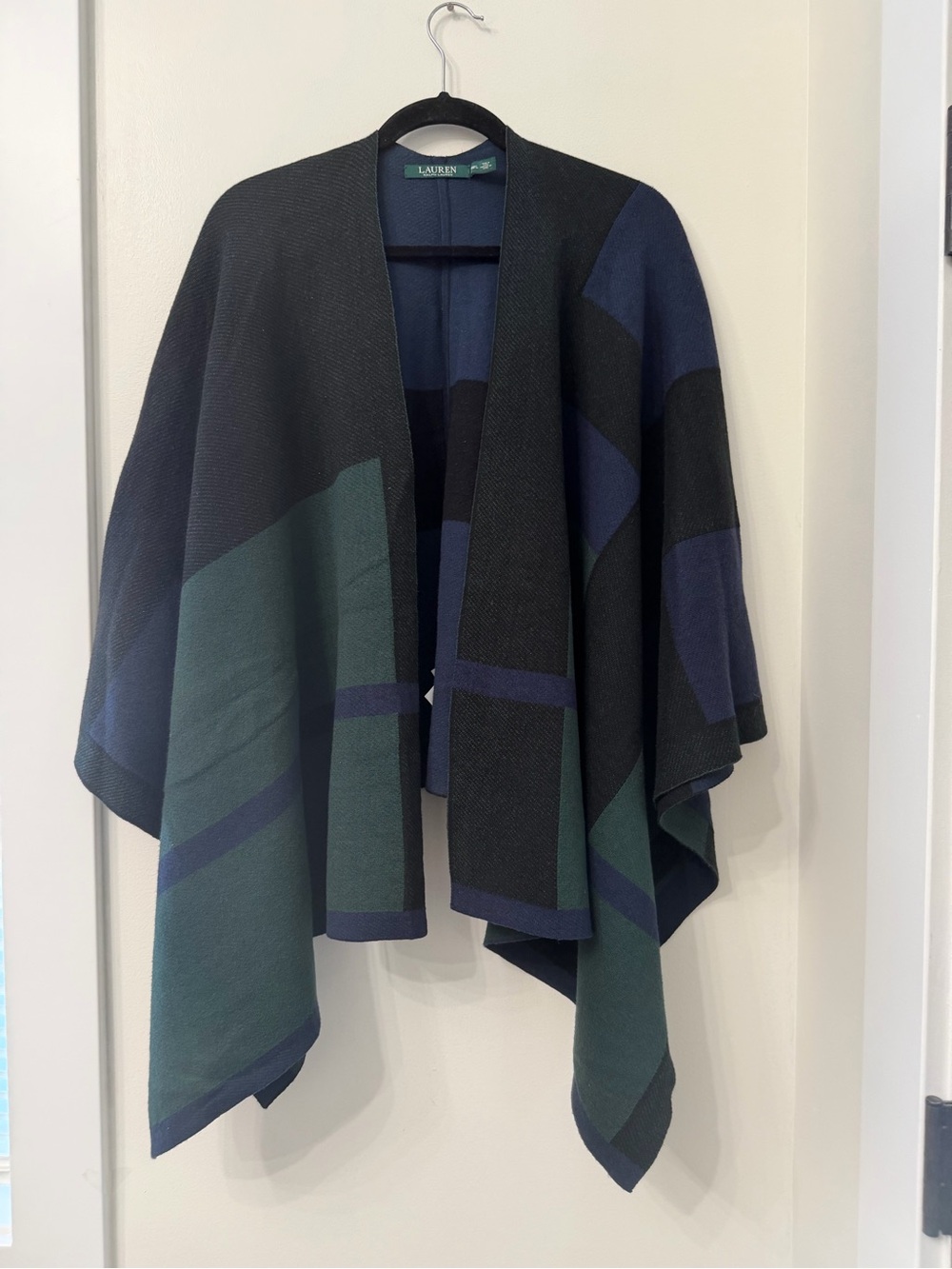 Lauren Ralph Lauren Color-Block Knit Cape Wrap Black Blue and Green M/L